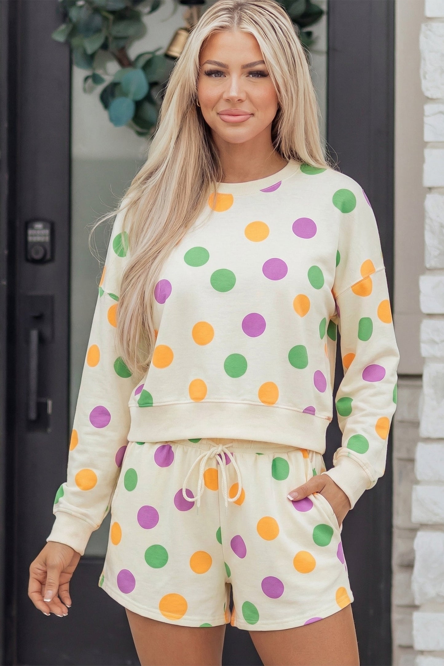 Polka Dot Pullover and Drawstring Shorts Set