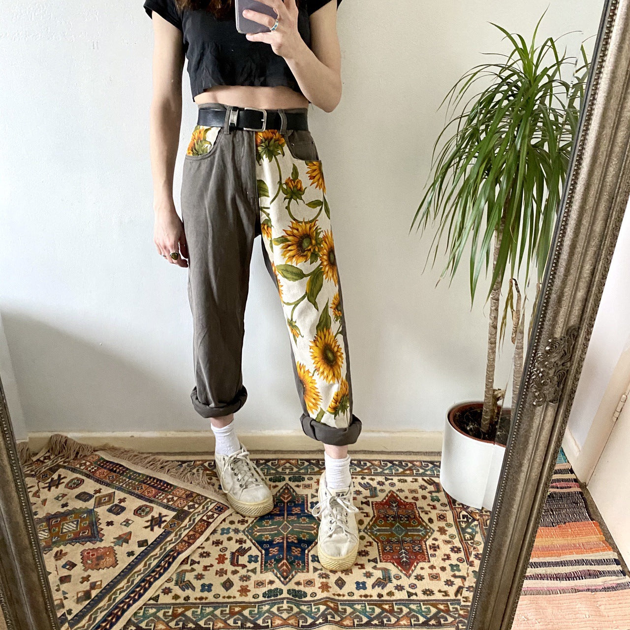 European And American New Style Casual Print Stitching Straight Leg Loose Trousers Women