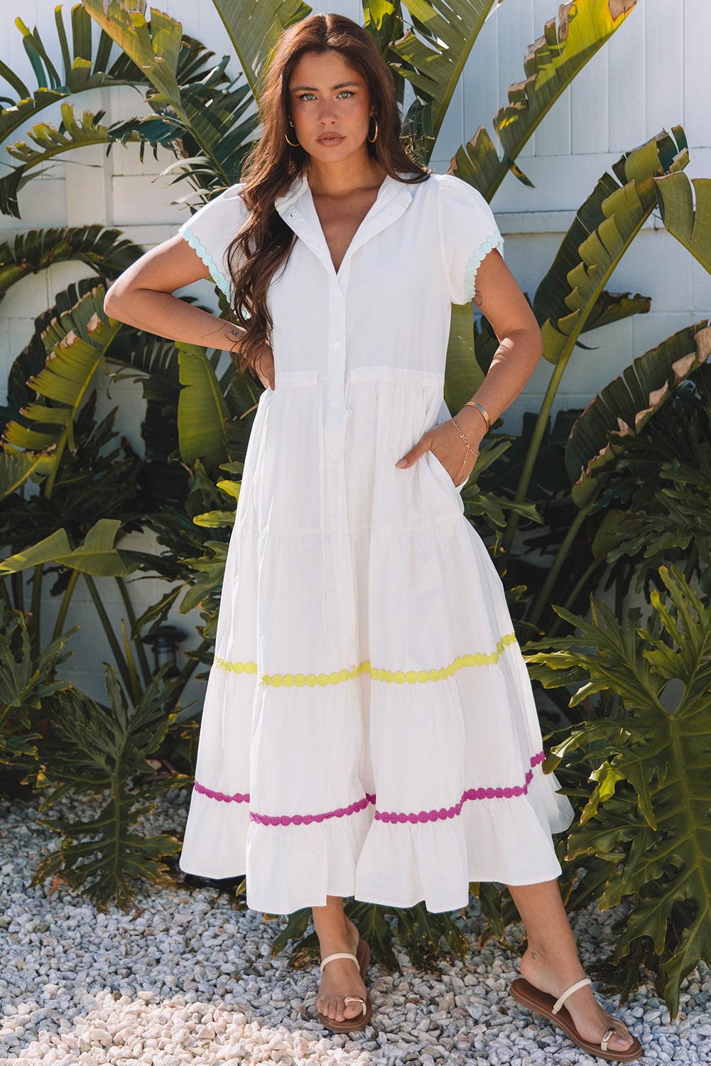 Aleah Rickrack Trim Short Sleeve Long Dress
