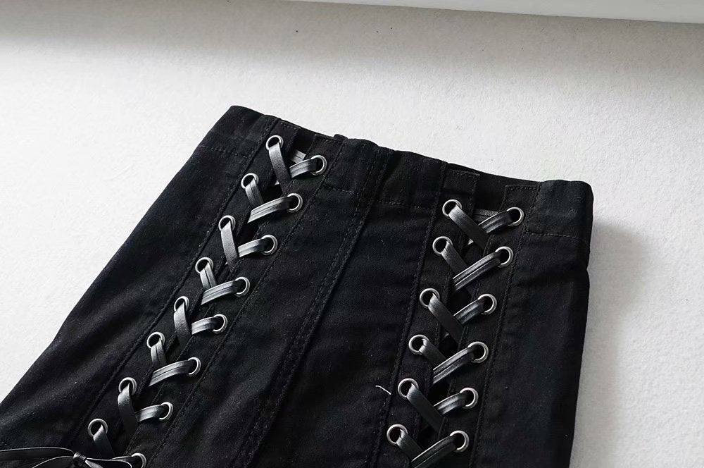 High waist slim straps denim shorts hot pants