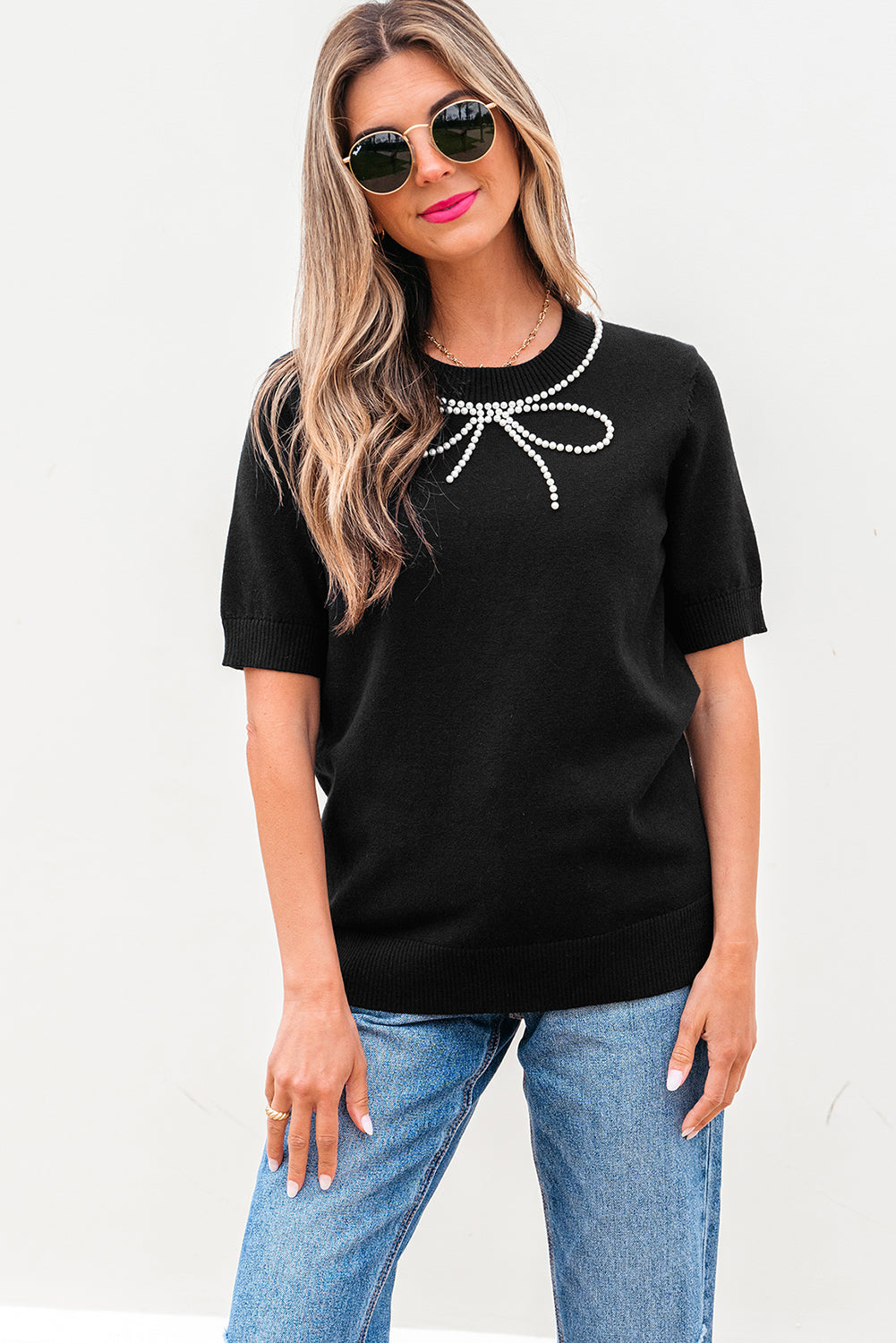 Bria Pearl Bow Short Sleeve Knitted Top