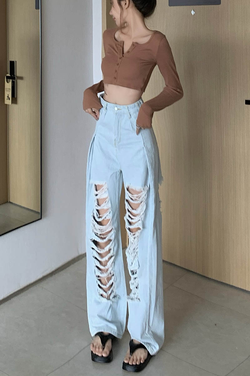 Ripped Straight High Waist Wide Leg Pants Loose Mopping