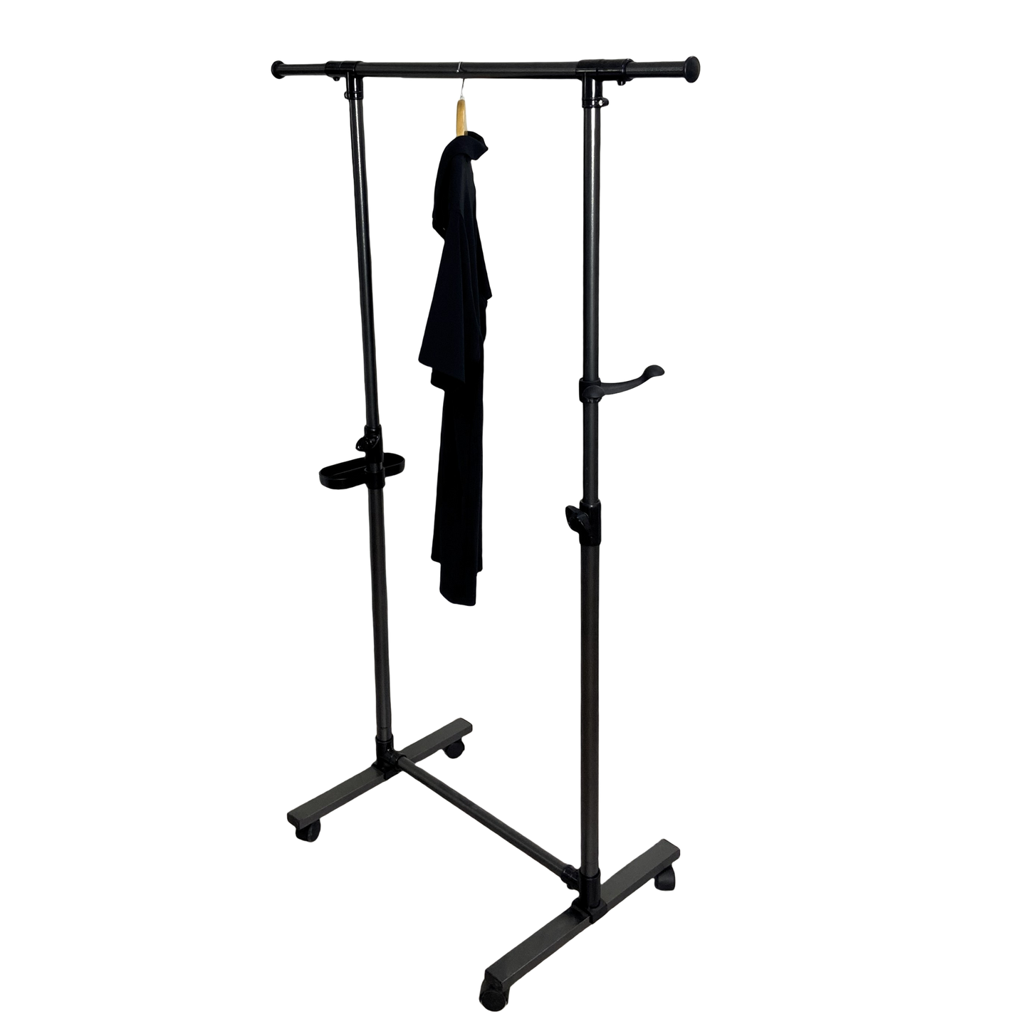 Short clothes hanger with chassis and wheels, heavy-duty rolling clothes hanger, black