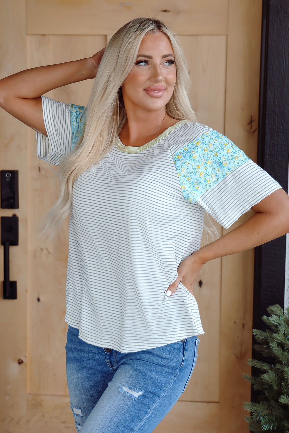 Chana Stripe Floral Sleeves Top