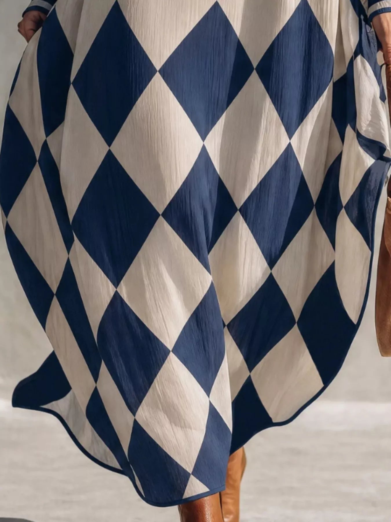 Argyle Pattern V-Neck Long Sleeve Dress