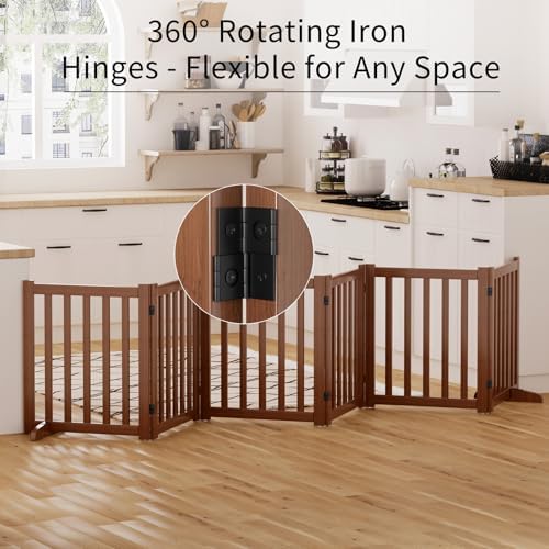 Wooden Freestanding Foldable Dog Gate, 24 Inch Height 6 Panel Pet Gate No Drill