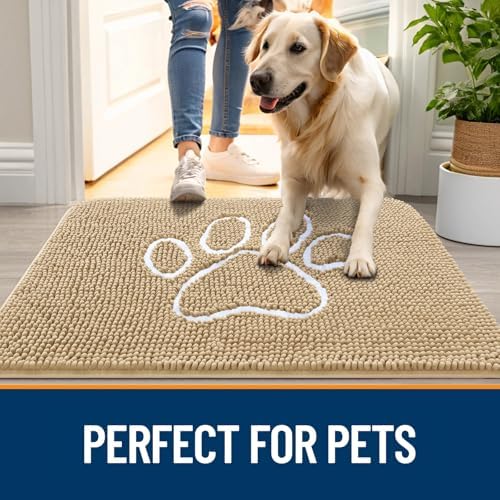 OLANLY Dog Door Mat for Muddy Paws 34x21, Paw Print Design Chenille Mud Mat
