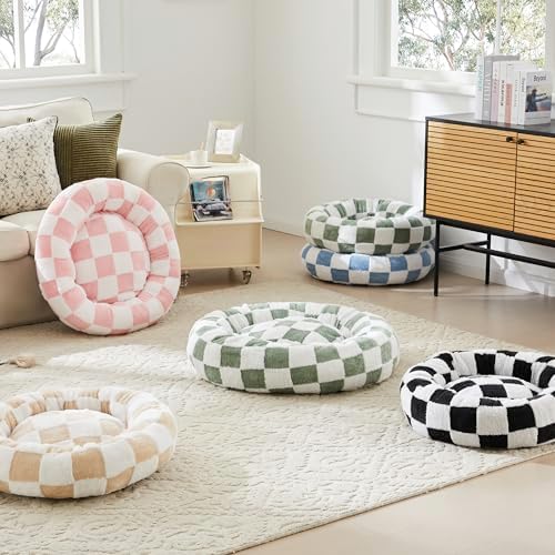 Ohocut Checkered Cat Dog Bed, Cute Beige Khaki Retro Style Aesthetic Round