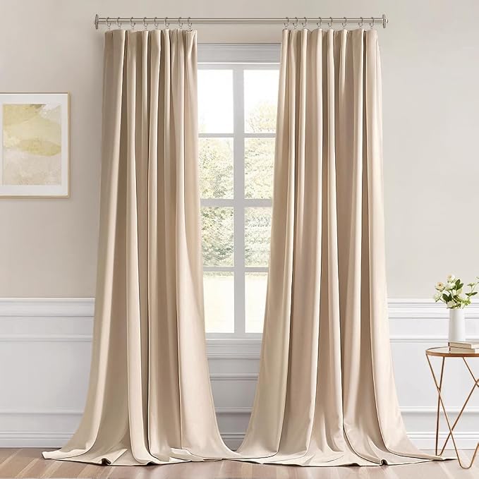 MIULEE Beige Back Tab Blackout Curtains 52x96 Inch Long 2 Panels Set | Rod
