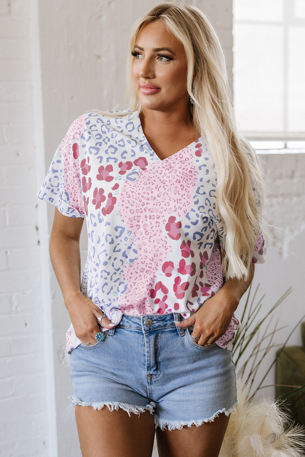 Luisa Leopard V Neck Short Sleeve Blouse