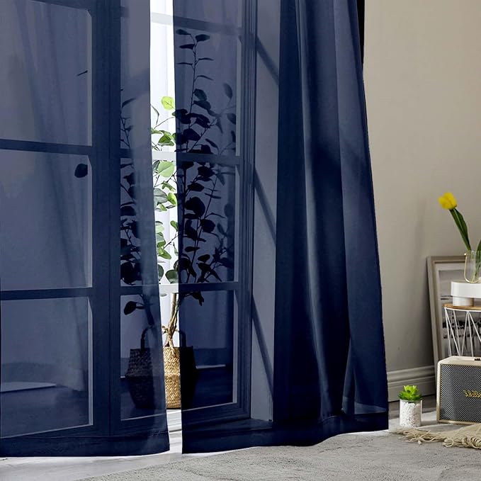 Navy Blue Sheer Curtain for Bedroom Living Room 78 Inches Long 2 Panels Set