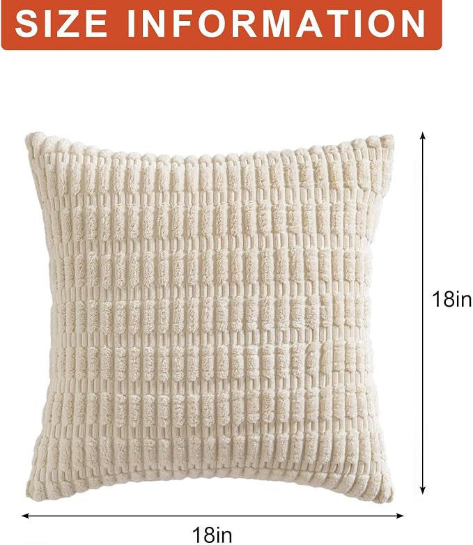 Pack of 2 Corduroy Decorative Throw Pillow Covers 18x18 Inch, Cream White |