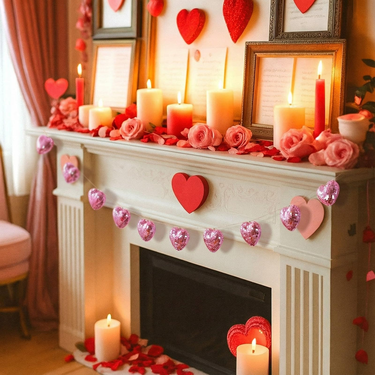 Mindsoft 8.2 ft Valentine's Day Pink Disco Heart Garland Farmhouse Heart Hanging Ornaments Mirror Disco Ball Modern Valentine's Day Decorations Gifts for Bride Shower Wedding Anniversary Party Favors