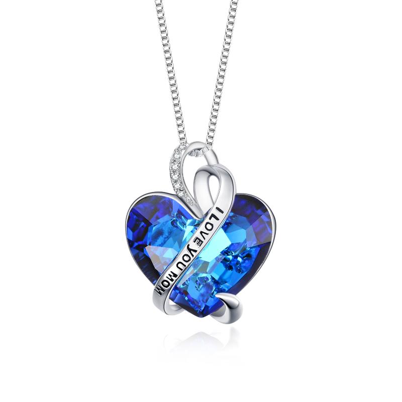 I Love You Mom Necklace Sterling Silver Heart Pendant Embellished with Crystals from Austria