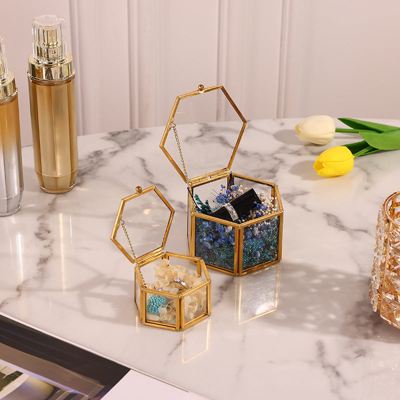 Mini Gold Eternal Flower Hexagon Glass Jewellery Ring Box