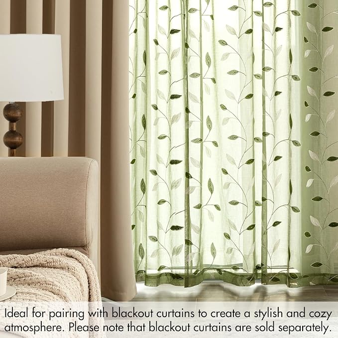 MIULEE Sage Green Sheer Curtains 2 Panels Leaf Patterned, W52 x L84 |