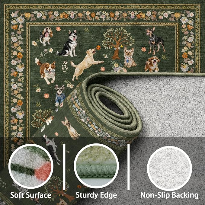 Dark Green Floral Hallway Runner Rug 2x6