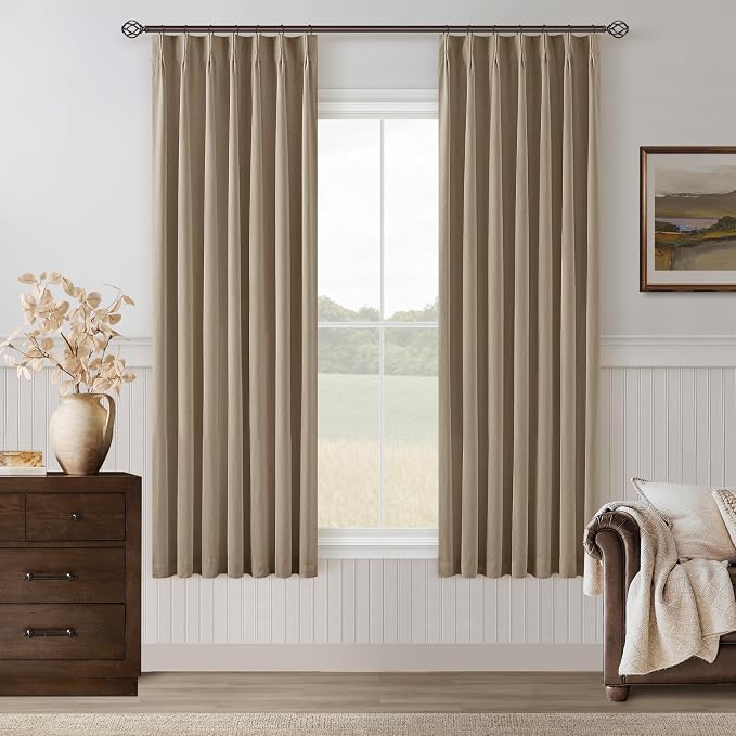 Light Brown 100% Blackout Pinch Pleated Linen 63 Inch Curtains