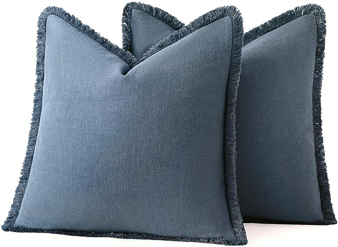 MIULEE Linen Fringe Decorative Euro Throw Pillow Covers Blue Ashes 28x28 | Set