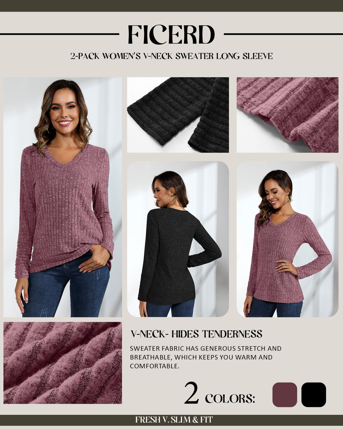 Ficerd 2 Pack Women V Neck Sweaters Long Sleeve Tunic Tops Lightweight Solid