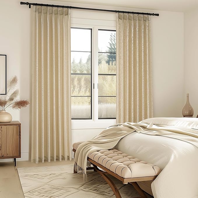Topfinel Natural Beige Pinch Pleated Semi Sheer Curtains Textured Linen Blended
