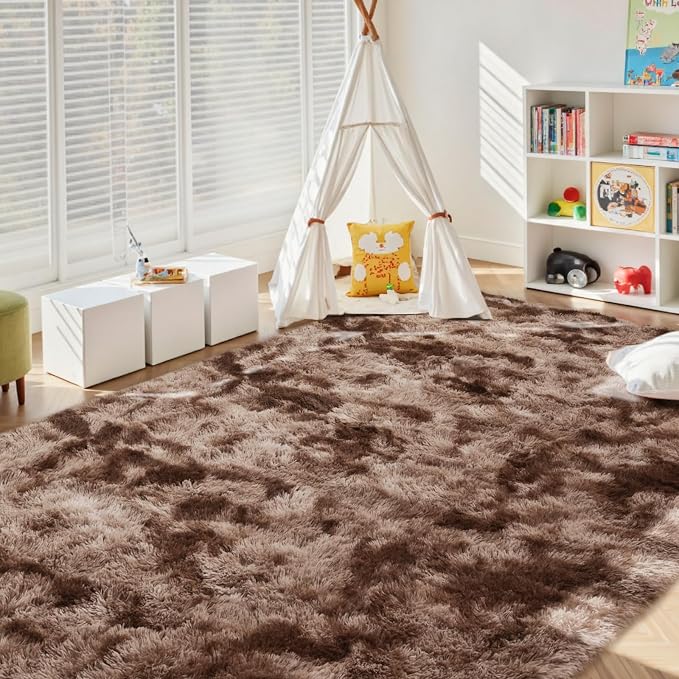 4x6 Ft Shag Brown Area Rug for Bedroom Living Room, Tie-Dyed Ultra Soft Fluffy
