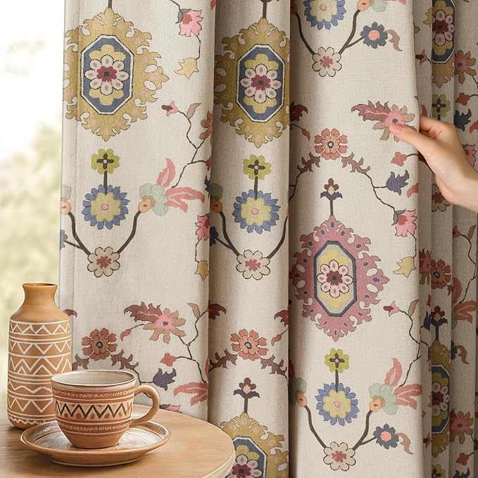 Boho Floral 100% Grommet Blackout Curtains 96 Inch 2 Panels | Colorful Bohemian