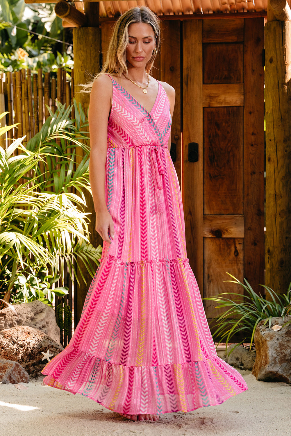 Clover Western Tassel Tie V Neck Wrap Maxi Dress