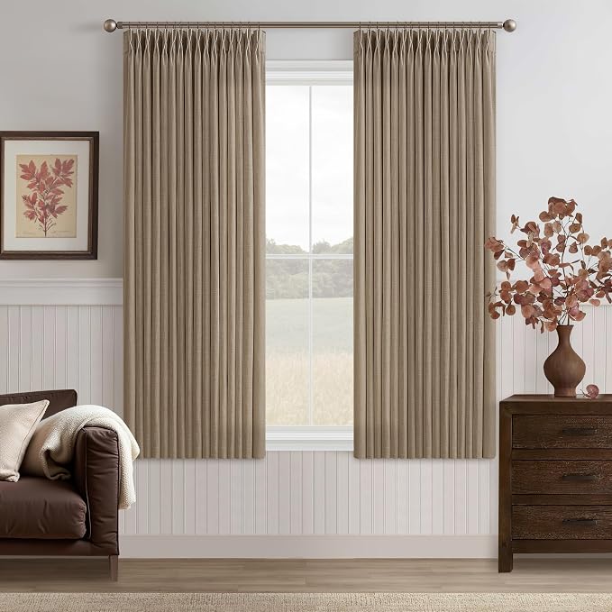 Thick Linen Pinch Pleat Dark Brown Semi Sheer Privacy Curtains 63 Inch Long |