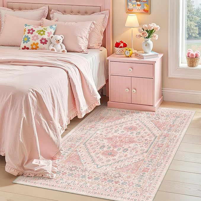 Pink Rugs for Bedroom-3x5 Rug for Entryway, Girls Room | Small Washable Rug for