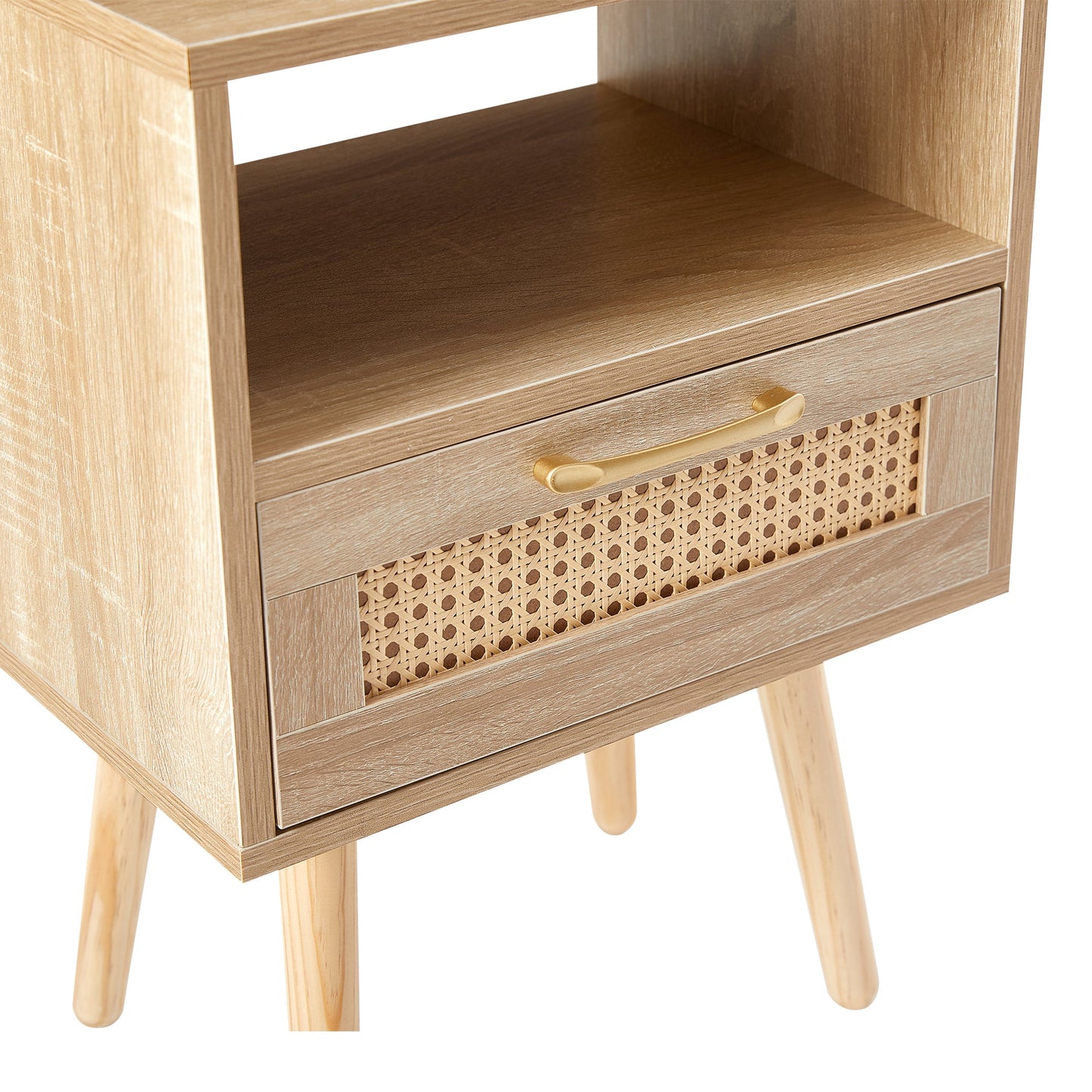 15.75" Rattan End table with Power Outlet & USB Ports Modern nightstand with drawer and solid wood legs