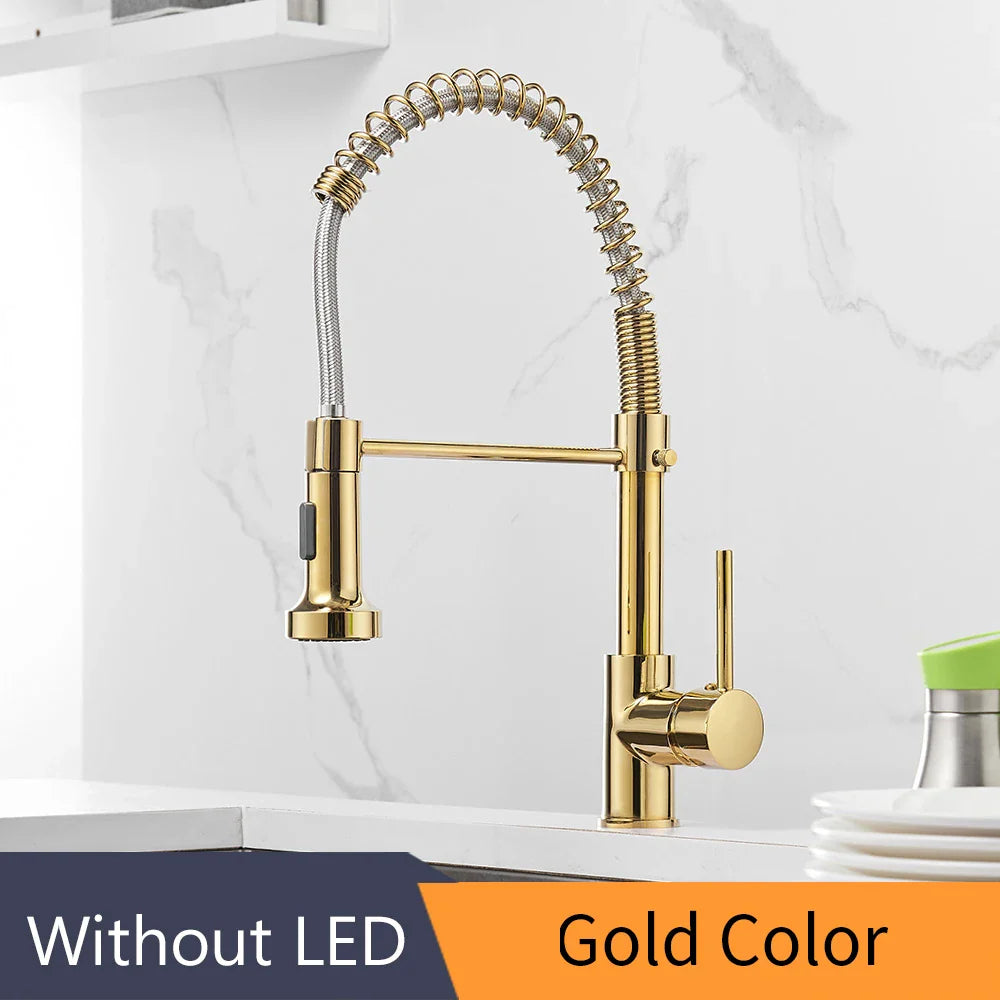 Kitchen Faucets Brush Brass Faucets for Kitchen Sink Single Lever Pull Down Spring Spout Mixers Tap Hot Cold Water Crane 9009