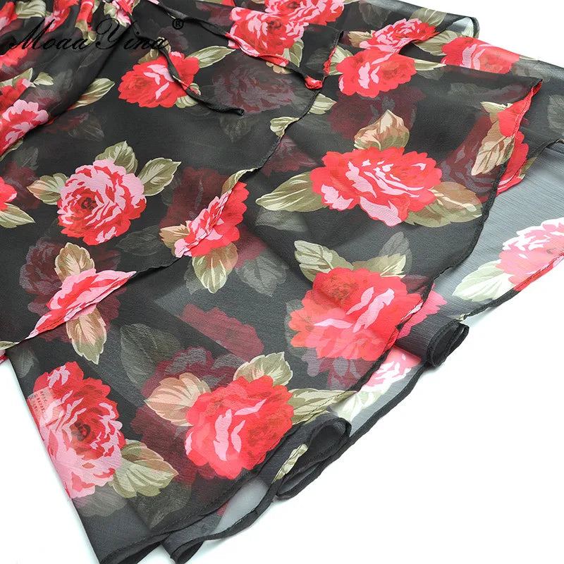 MoaaYina Fashion Designer dress Summer Women's Dress V Neck Cascading Ruffle Ruched Rose Floral Print package hip Dresses