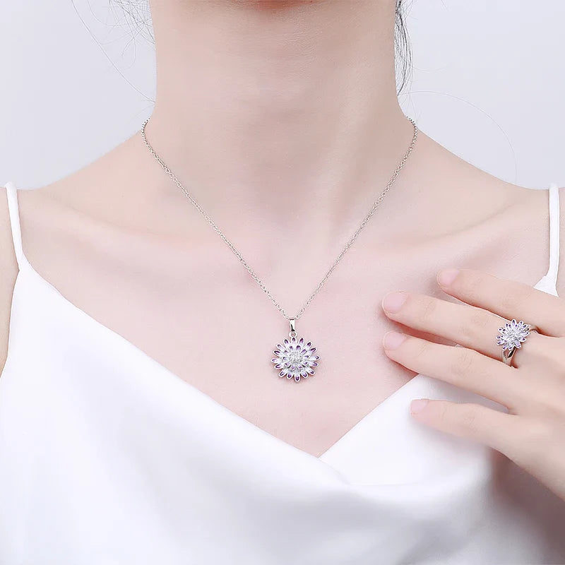 2024 New Women's Jewelry Set Exquisite Handmade Flower Earrings Necklace Ring 925 Silver Handmade Enamel Flower Jewelry