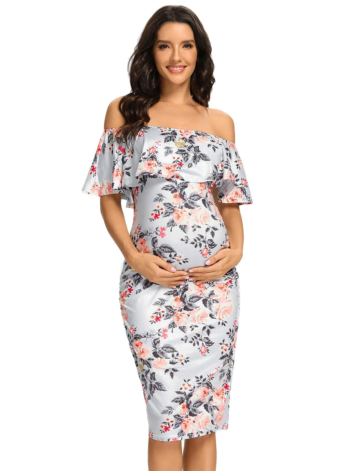 Liu&Qu Women's Maternity Dress Off Shoulder Ruffle Sleeveless Bodycon Dress Elegant Ruched Sides Bodycon Dresses for Baby Shower