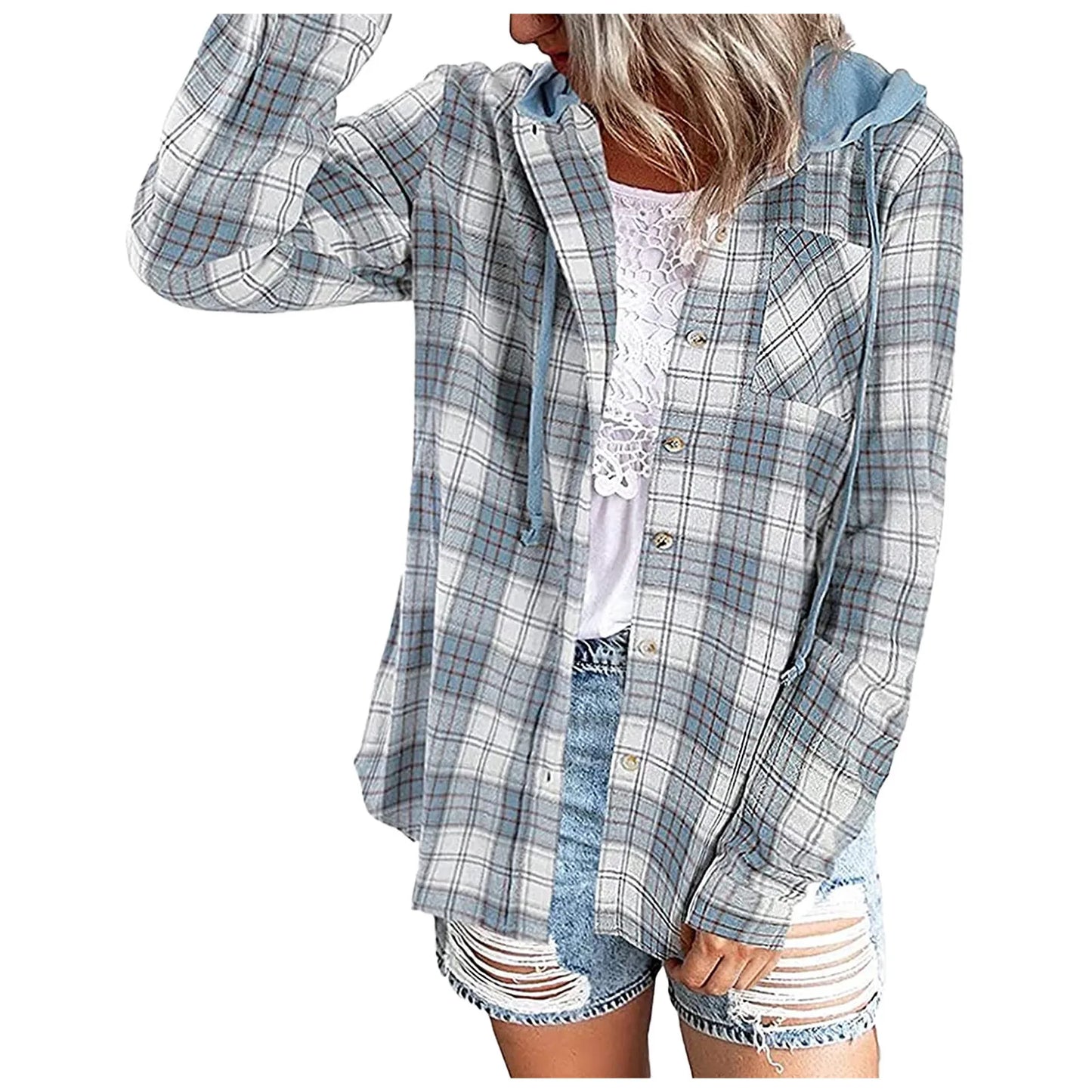 Spring Autumn Women Shirt Fashion Casual Plaid Hooded Shirts Long Sleeve Button Down Blusa Feminina Streetwear рубашка женская