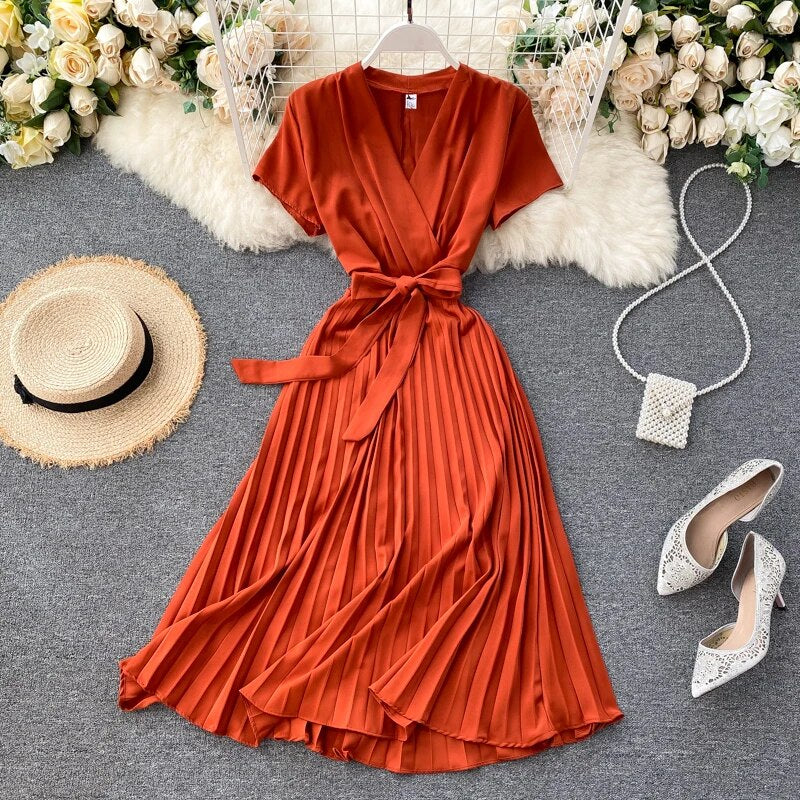Vintage Slim v neck bandage pleated Dress Summer midi long elegant dress vestido de festa Women tunic Dresses