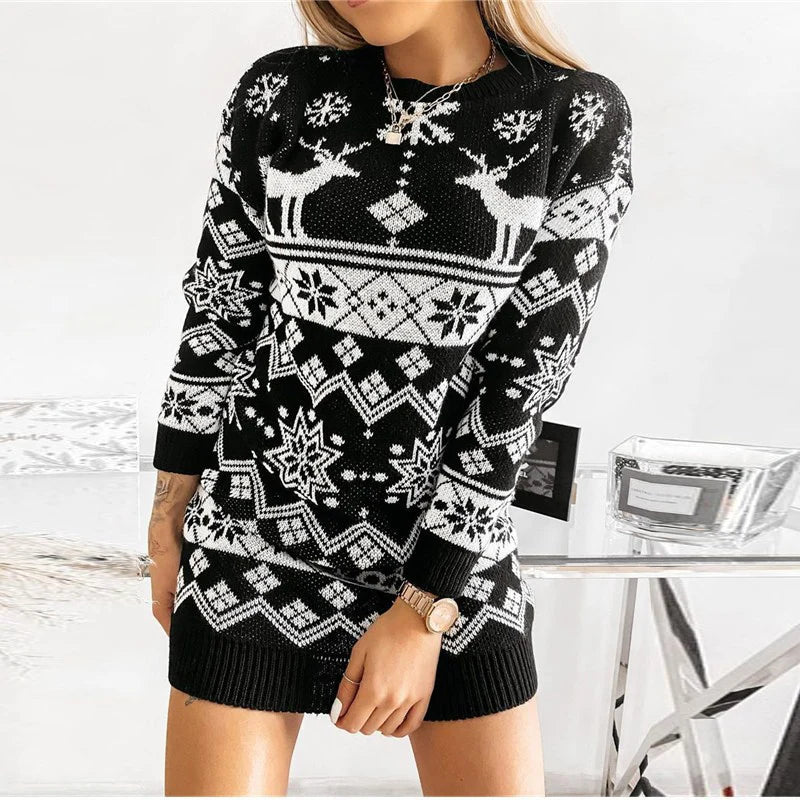 Christmas Sweater Ladies Knitted Dress Autumn Women Temperament Elk Snowflake Round Collar Long Sleeve Sweaters Xmas Wear Y2k