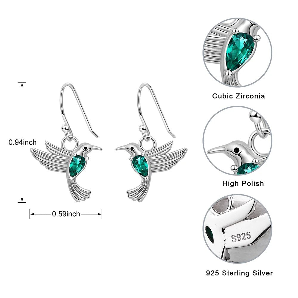 Hummingbird Drop Earrings 925 Sterling Silver Animal Birds Green Zircon Earrings for Women 2021 Fine Jewelry Gift Free Ship