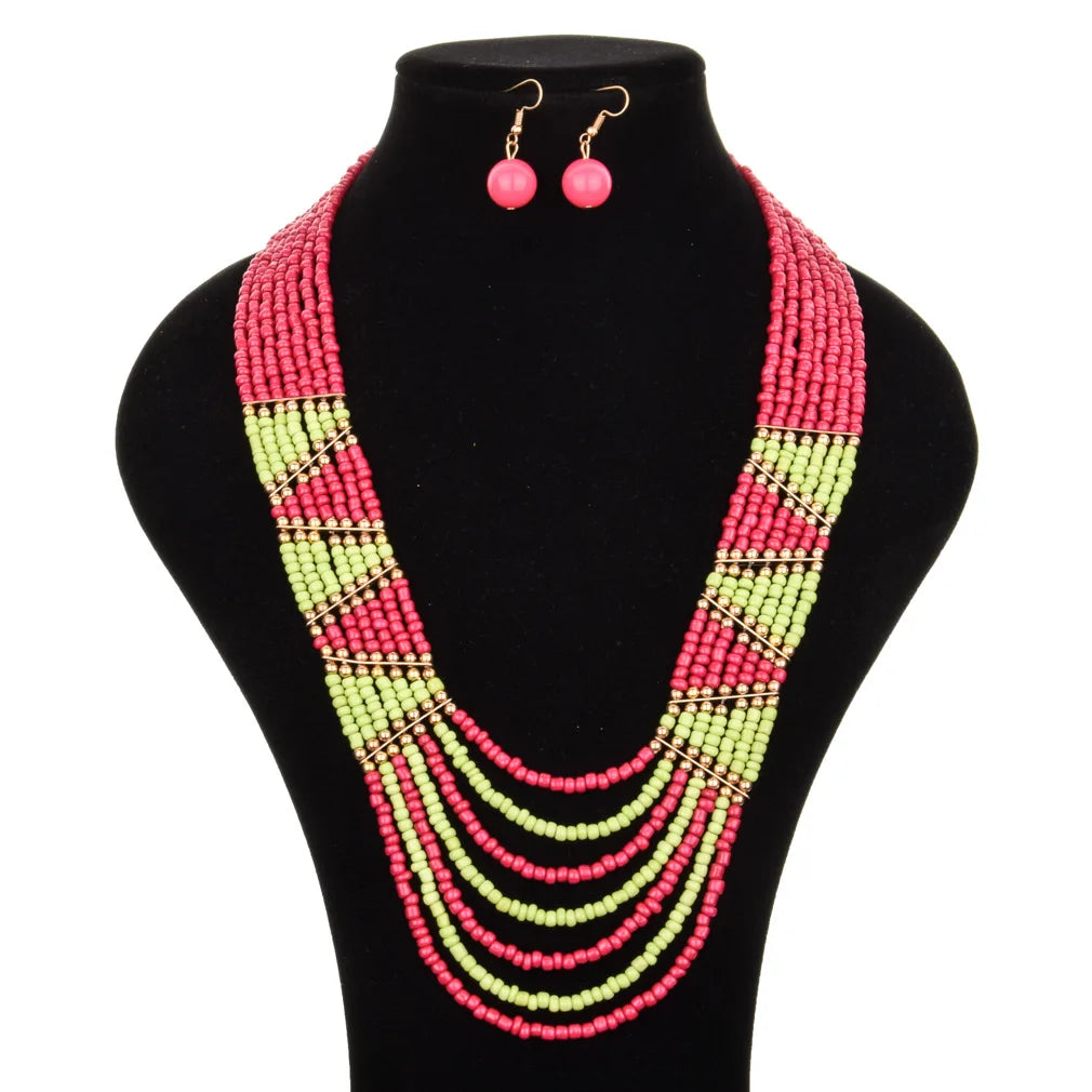 Hyperbole Women's Jewelry Sets Bohemia Multi Layer Handmade Beaded Chains Beads Necklace Hanging Earrings Women Sets for Gift