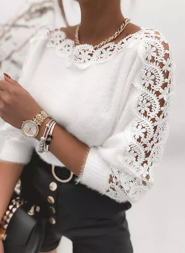 New White Sweater Women V Neck Lace Stitching Hollow Out Long Sleeves Fashion Loose Sweaters Elegant High Quality Tops