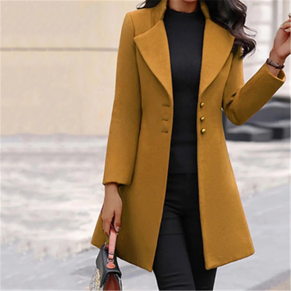 Women Fashion Long Sleeve Woolen Coat Lapel Solid Color Long Jacket Coat Korean Version New Fall Fashion Long Cardigan
