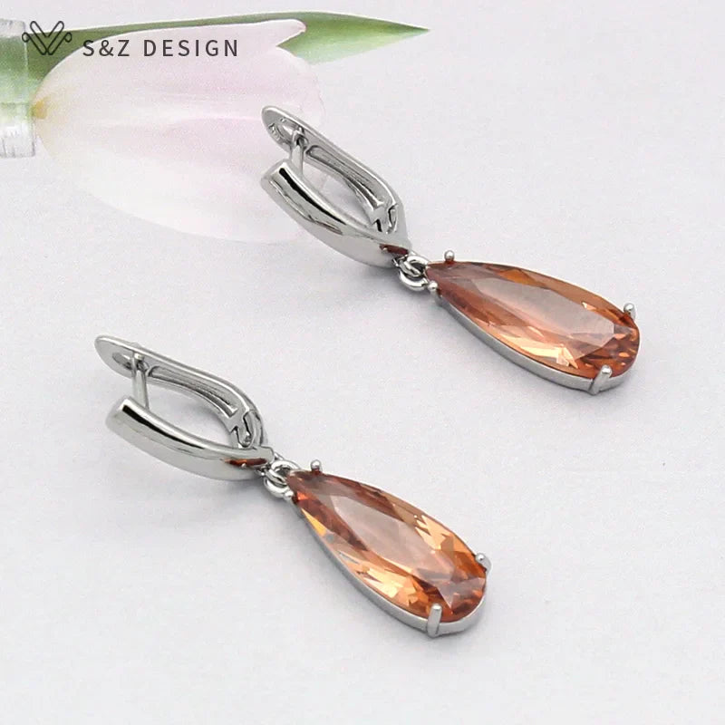 S&Z 10 Color Long Water Drop Cubic Zirconia Earring For Women Korean Fine Wedding Simple Fashion Party Jewelry