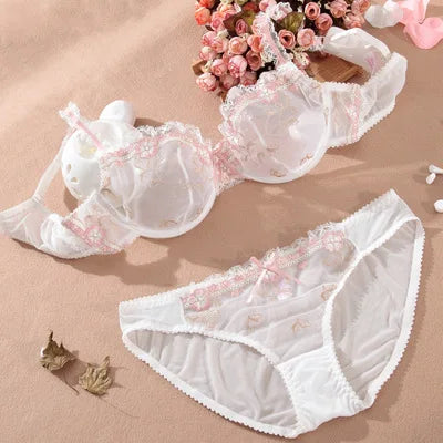 Free Shipping! Exquisite embroidery lotus pink ultra-thin women's sexy transparent lace underwear bra set