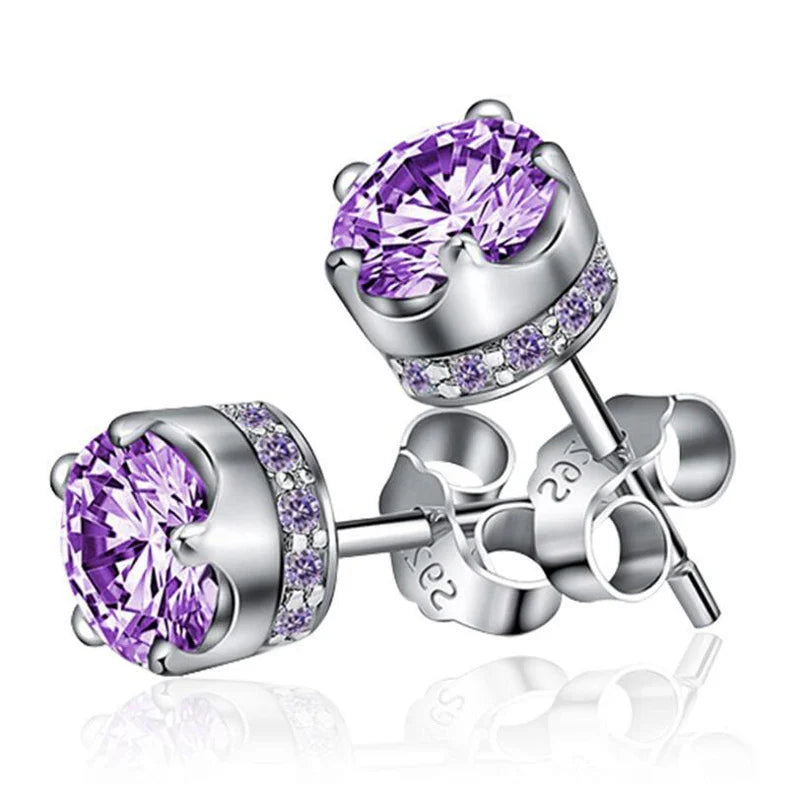 Natural Purple Amethyst Stud Earrings For Women Real 925 Sterling Silver Crown Crystal Wedding Party Jewelry Earring