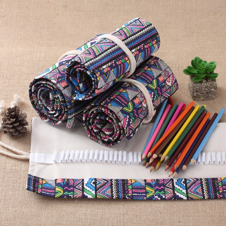 72 Slots Ethnic Print Pen Bag Canvas Pencil Wrap Curtain Roll Up Pencil Case Stationery Pouch, 72 Slots