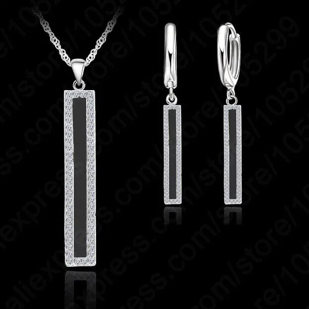 925 Sterling Silver Needle Pendant Necklace / Earrings Jewelry Set