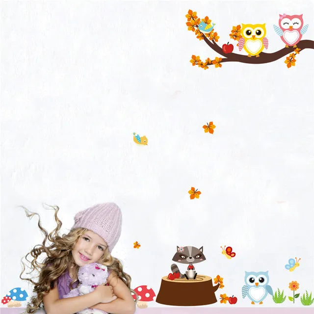 Cartoon Forest Tree Branch Animal Owl Monkey Bear Deer Wall Stickers For Kids Rooms Boys Girls Children Bedroom Home Decor