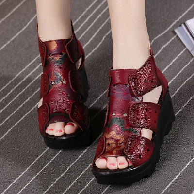GKTINOO 2026 Ethnic Style Genuine Leather Women Shoes Sandals Wedges Sandals Handmade Genuine Leather Women Sandal