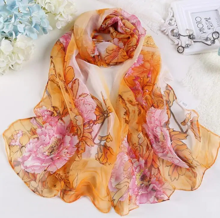 Women Fashion Chiffon Georgette Silk Scarf For Muslim Hijab Peony Flower Bandana Summber Beach Sarong Scarf&Shawl HY30